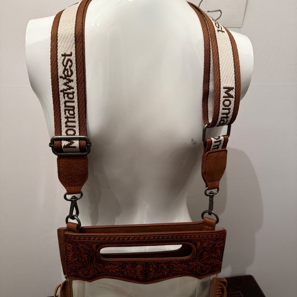 Montana West Crossbody Bag Western Clear Tooled Leather Fringe Brown OS - Picture 3 of 6